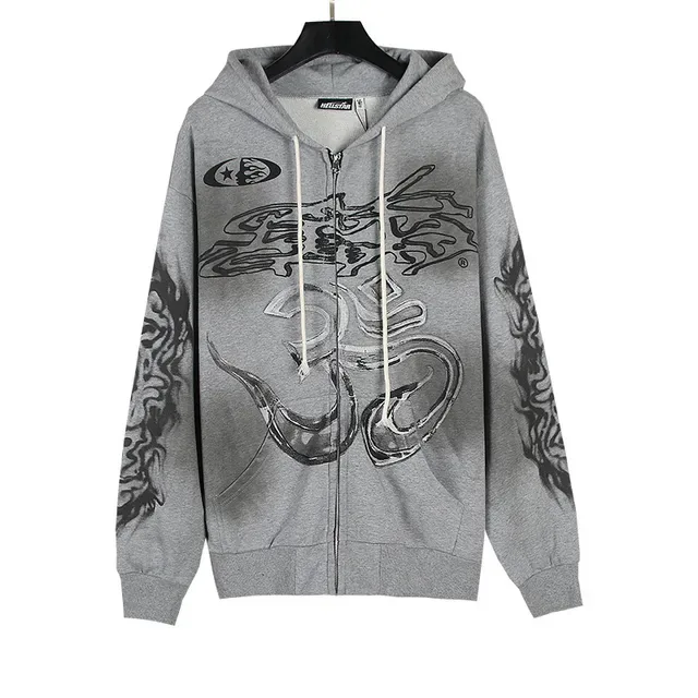 Gray Graphic-Print Full-Zip Oversized Hoodie 3