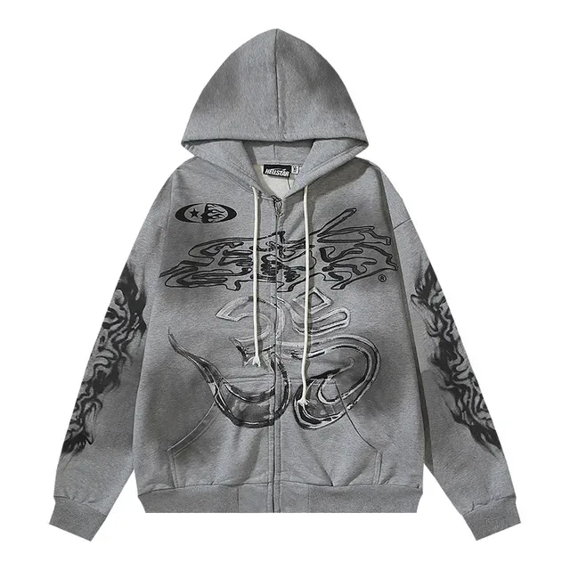 Gray Graphic-Print Full-Zip Oversized Hoodie 5
