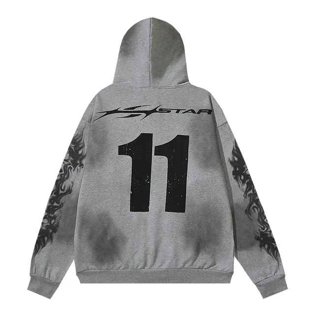 Gray Graphic-Print Full-Zip Oversized Hoodie 6