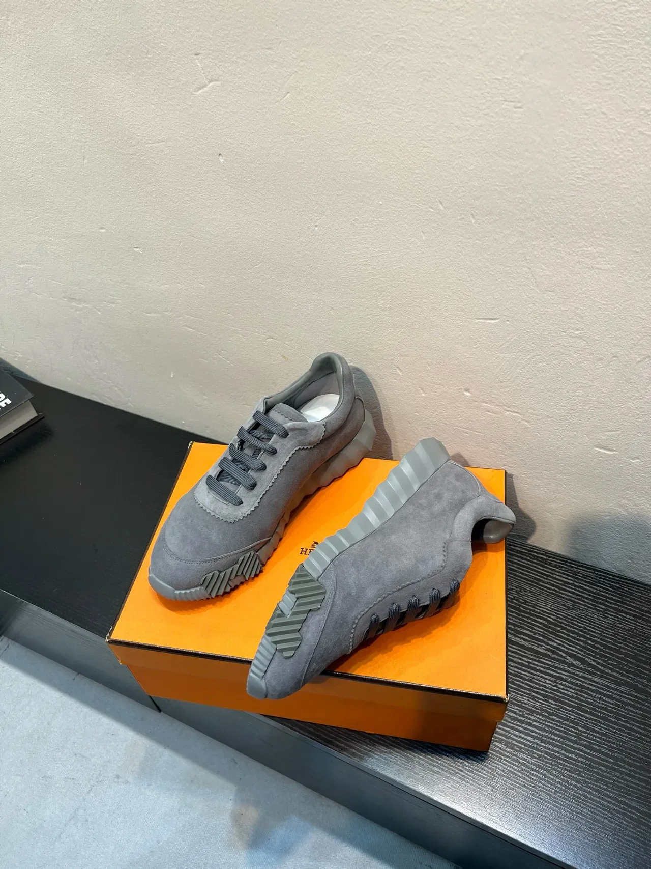 Gray Suede Upper Ribbed Sculpted Sole Sneakers 4