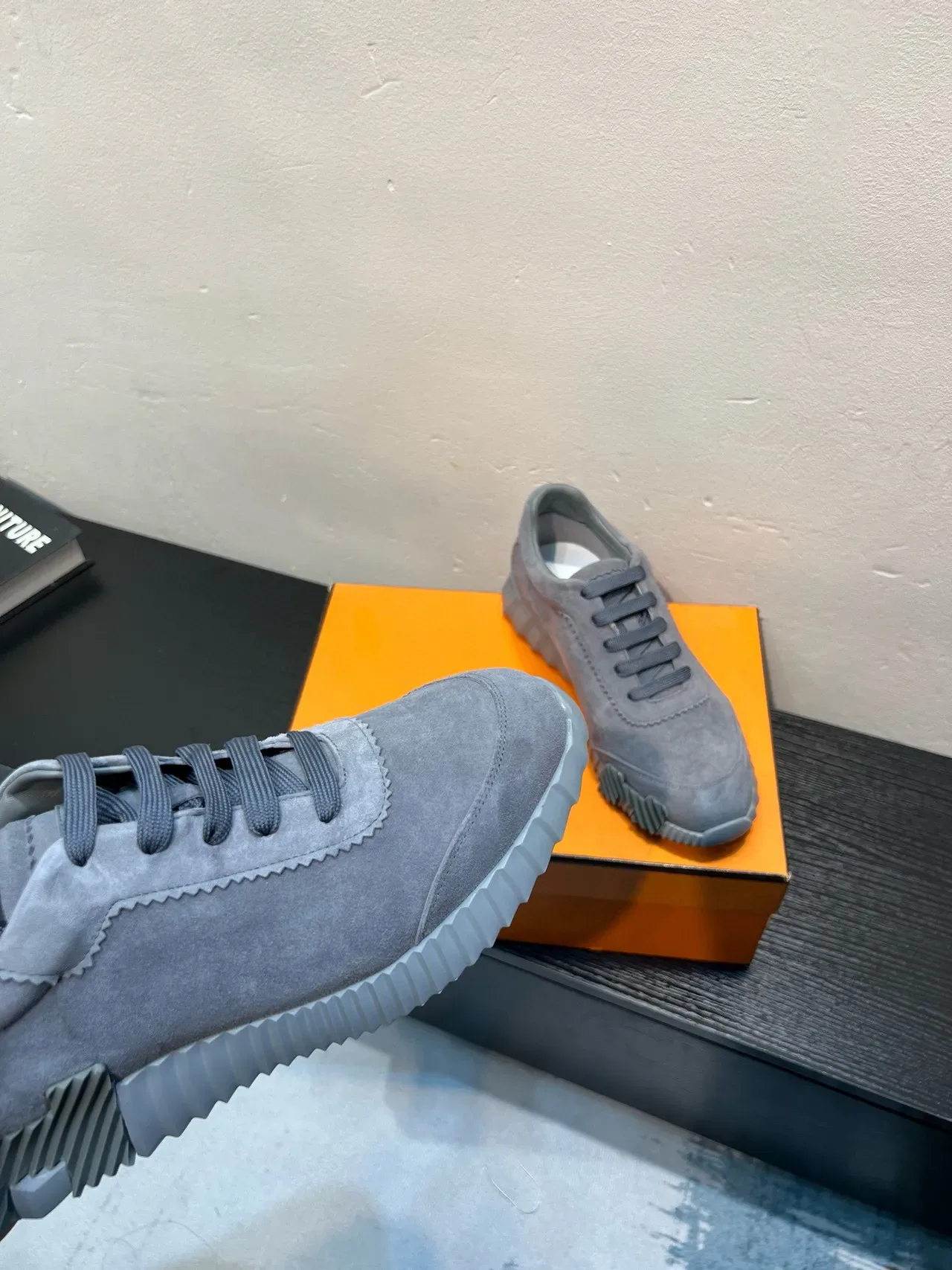 Gray Suede Upper Ribbed Sculpted Sole Sneakers 8