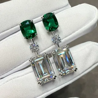 Green and Clear Three-Stone Prong-Set Drop Earrings