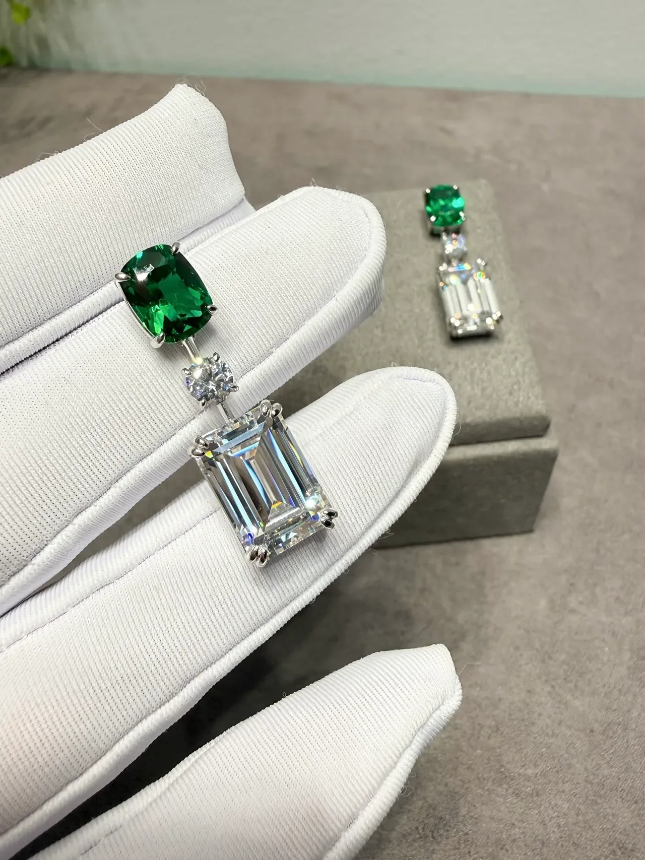 Green and Clear Three-Stone Prong-Set Drop Earrings 2