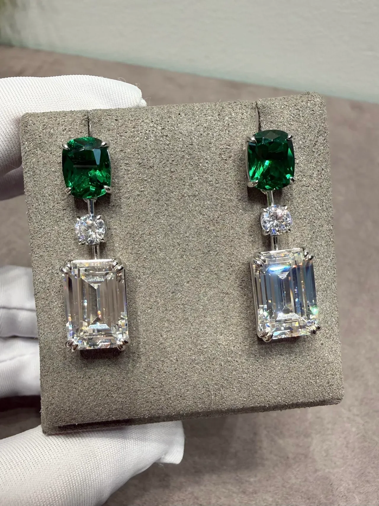 Green and Clear Three-Stone Prong-Set Drop Earrings 3