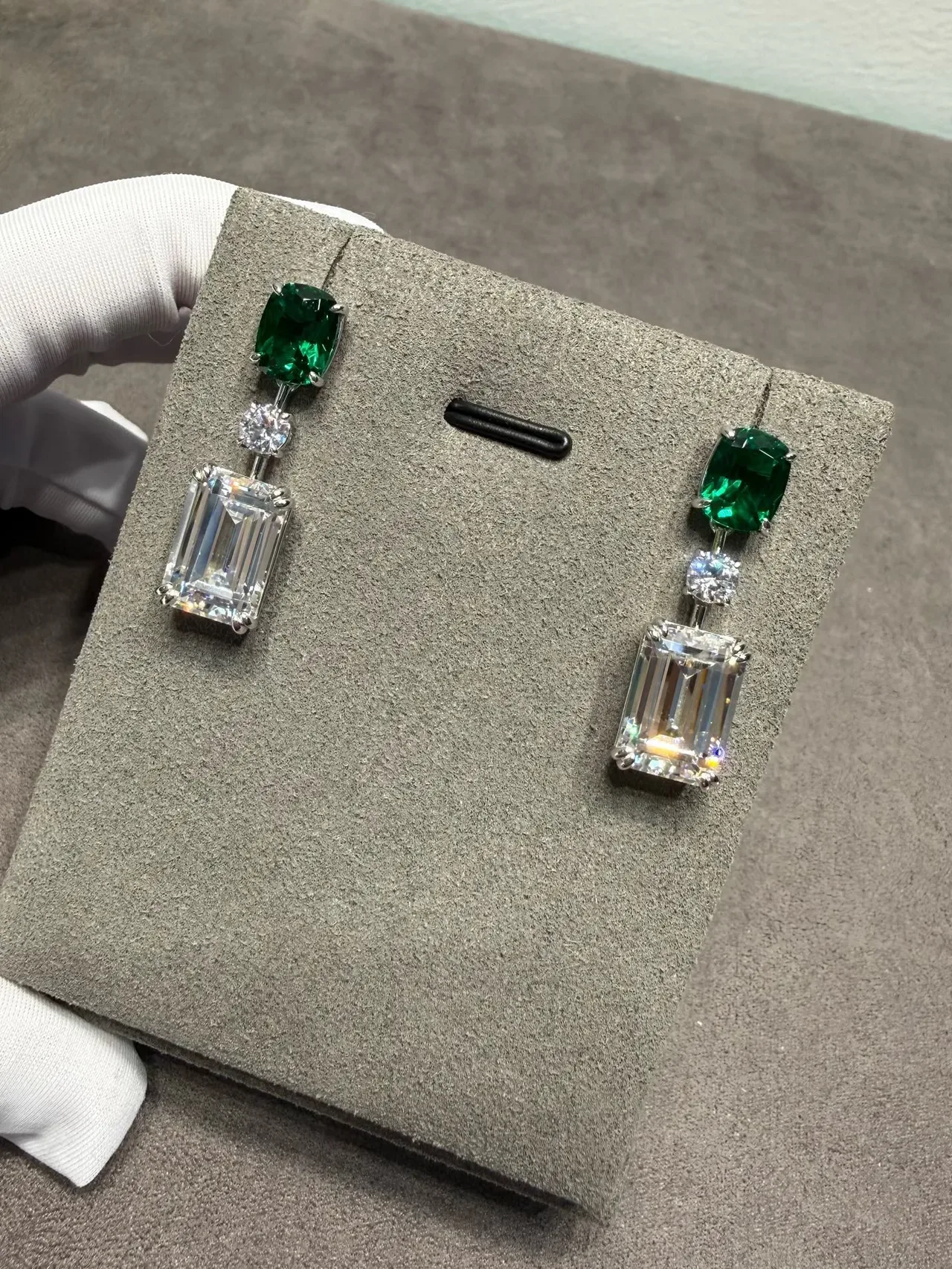 Green and Clear Three-Stone Prong-Set Drop Earrings 5