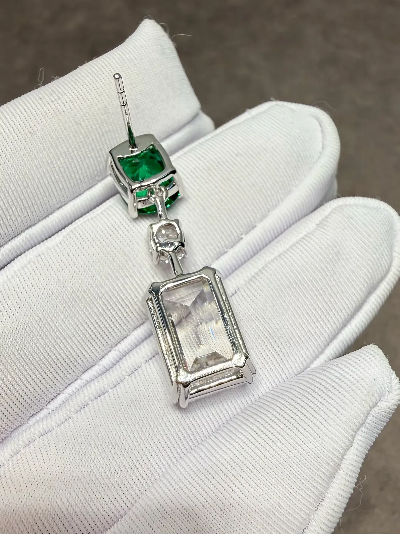 Green and Clear Three-Stone Prong-Set Drop Earrings 6