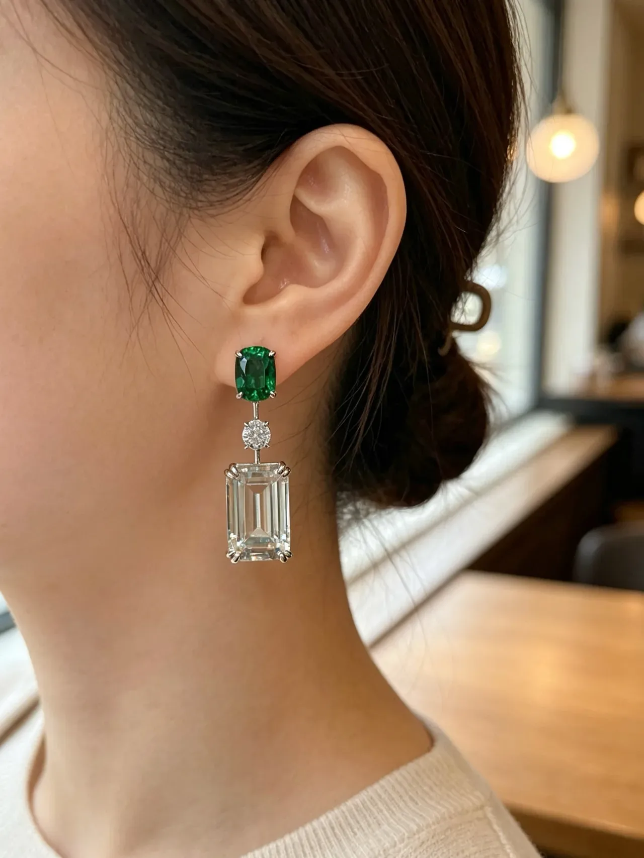 Green and Clear Three-Stone Prong-Set Drop Earrings 7