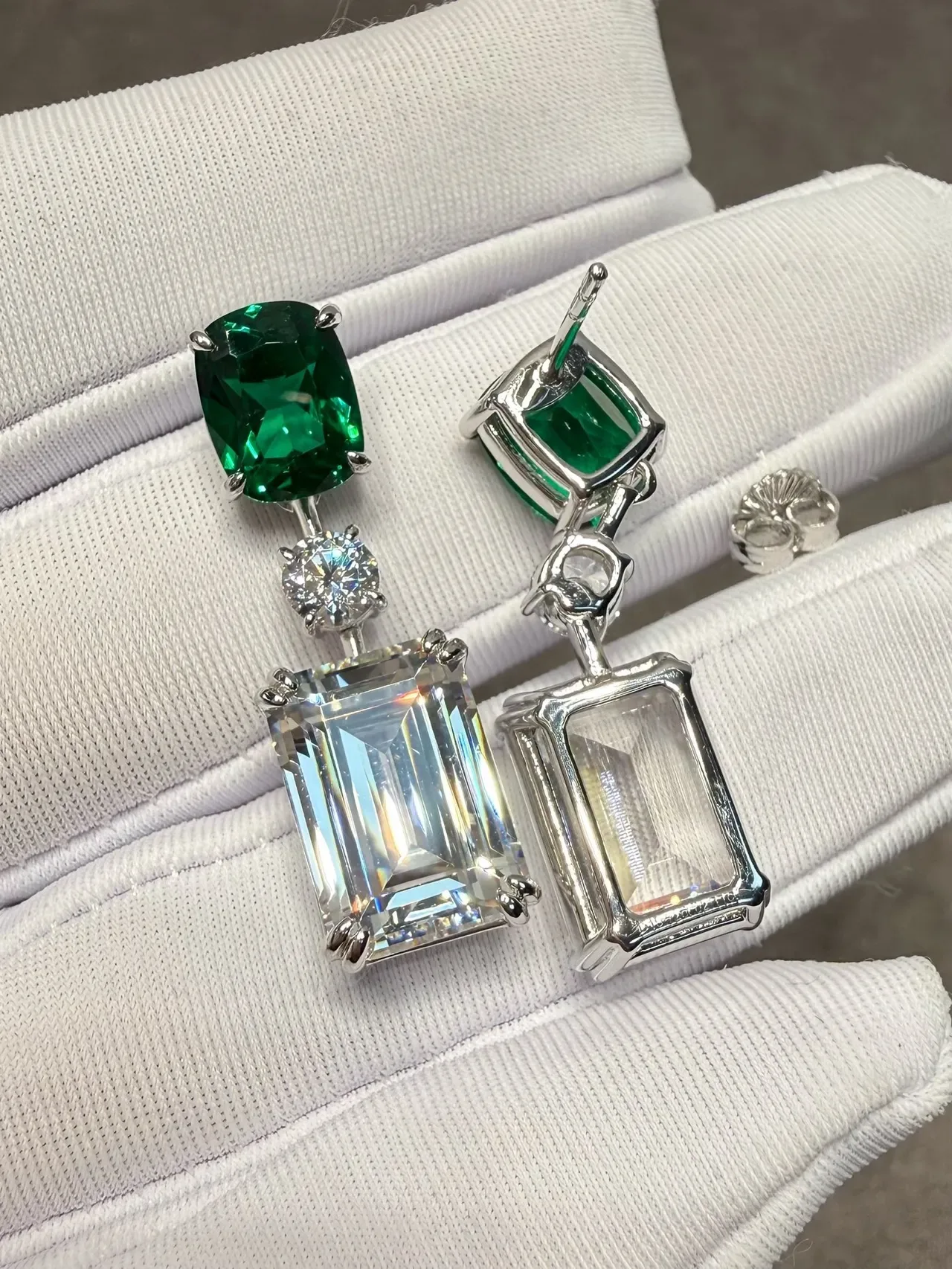 Green and Clear Three-Stone Prong-Set Drop Earrings 8