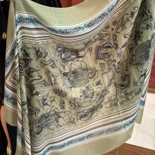 Green Blue Printed Nautical Map Motif Paisley Border Trim Shawl