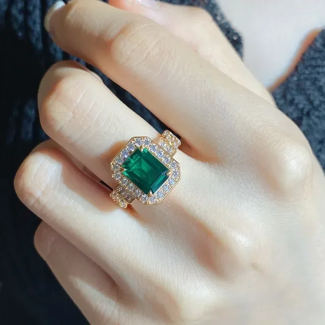 Green Gold Emerald-Cut Center Stone Halo Setting Ring 4