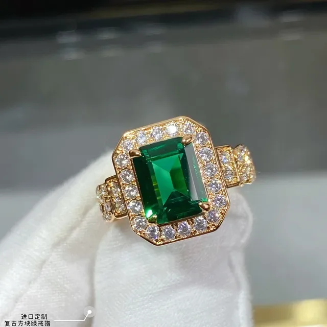Green Gold Emerald-Cut Center Stone Halo Setting Ring 6