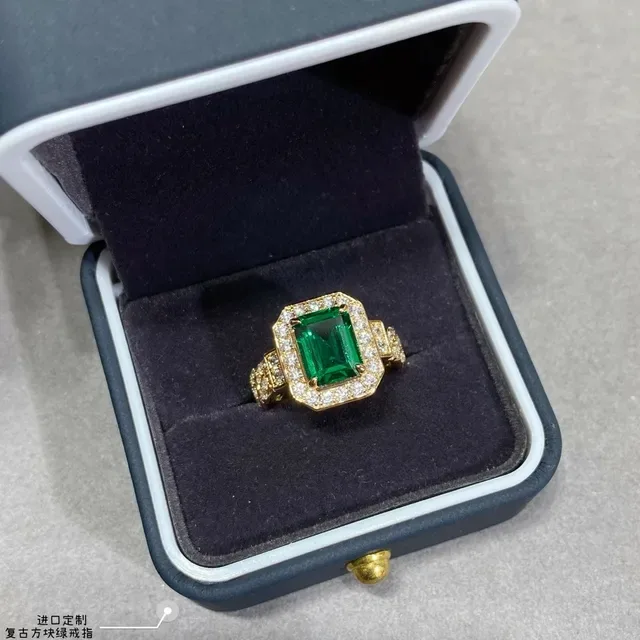 Green Gold Emerald-Cut Center Stone Halo Setting Ring 8