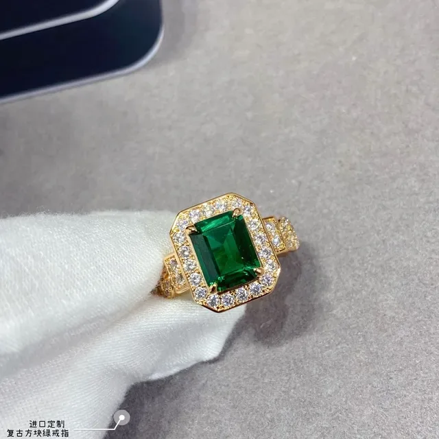 Green Gold Emerald-Cut Center Stone Halo Setting Ring 9