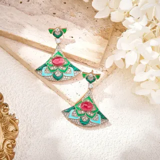 Green Pink Fan-Shaped Enamel-Inlaid Earrings