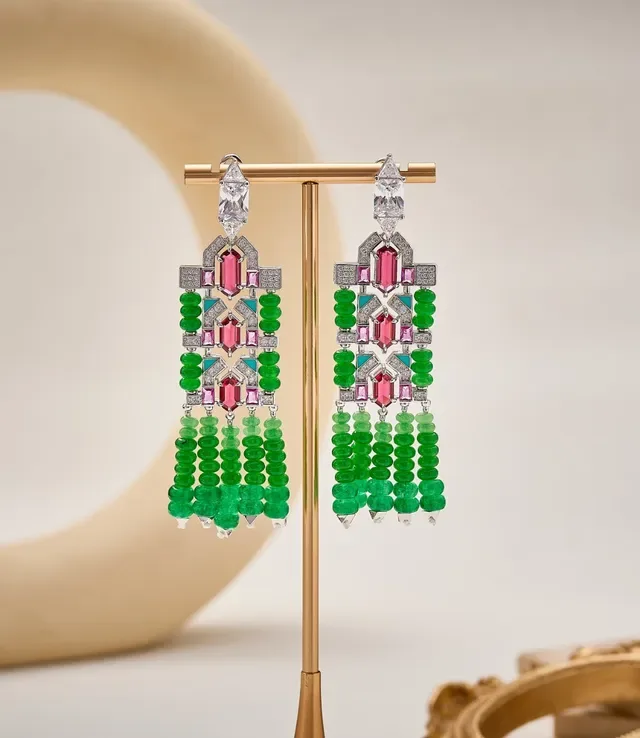 Green Red Geometric Pavé-Set Gemstone Motifs Bead Fringe Tassels Necklace 2
