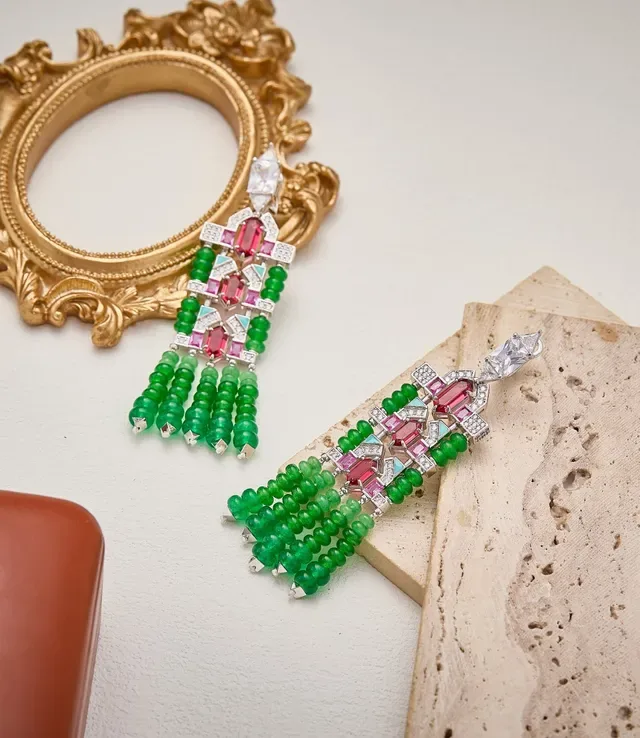 Green Red Geometric Pavé-Set Gemstone Motifs Bead Fringe Tassels Necklace 3