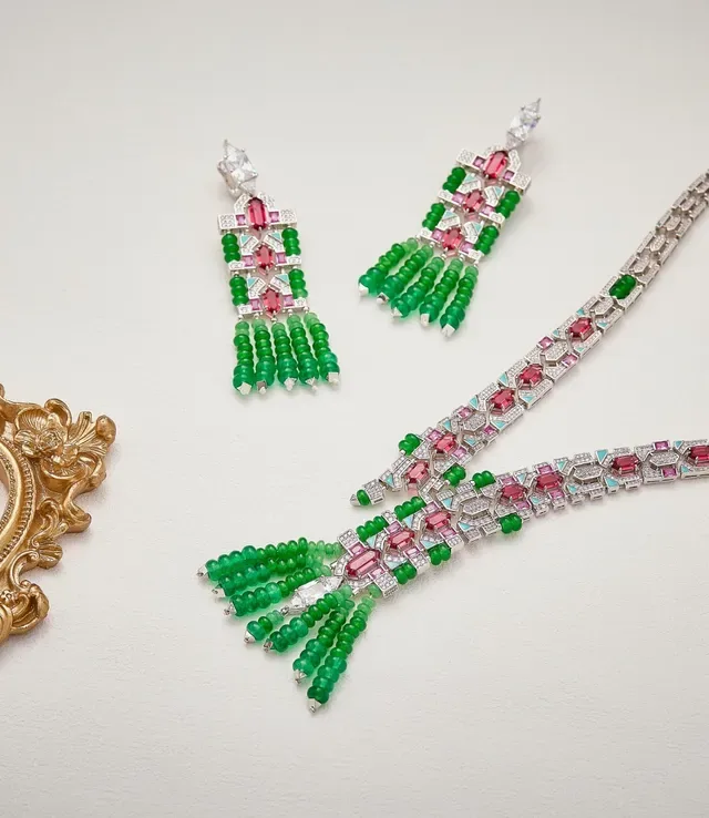 Green Red Geometric Pavé-Set Gemstone Motifs Bead Fringe Tassels Necklace 4