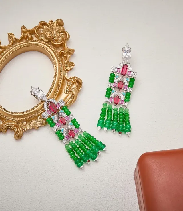 Green Red Geometric Pavé-Set Gemstone Motifs Bead Fringe Tassels Necklace 5