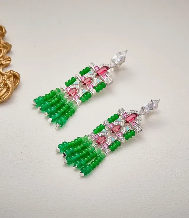 Green Red Geometric Pavé-Set Gemstone Motifs Bead Fringe Tassels Necklace 6