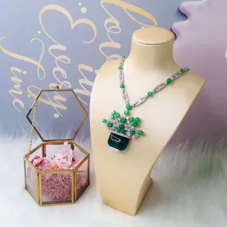 绿色银色花盆吊坠弧形宝石珠项链