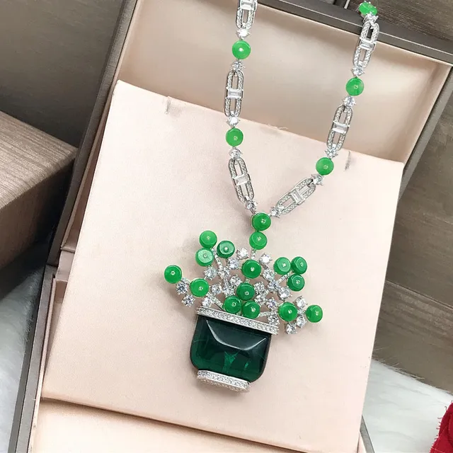 Green Silver Floral-Pot Pendant Cabochon Beads Necklace 2