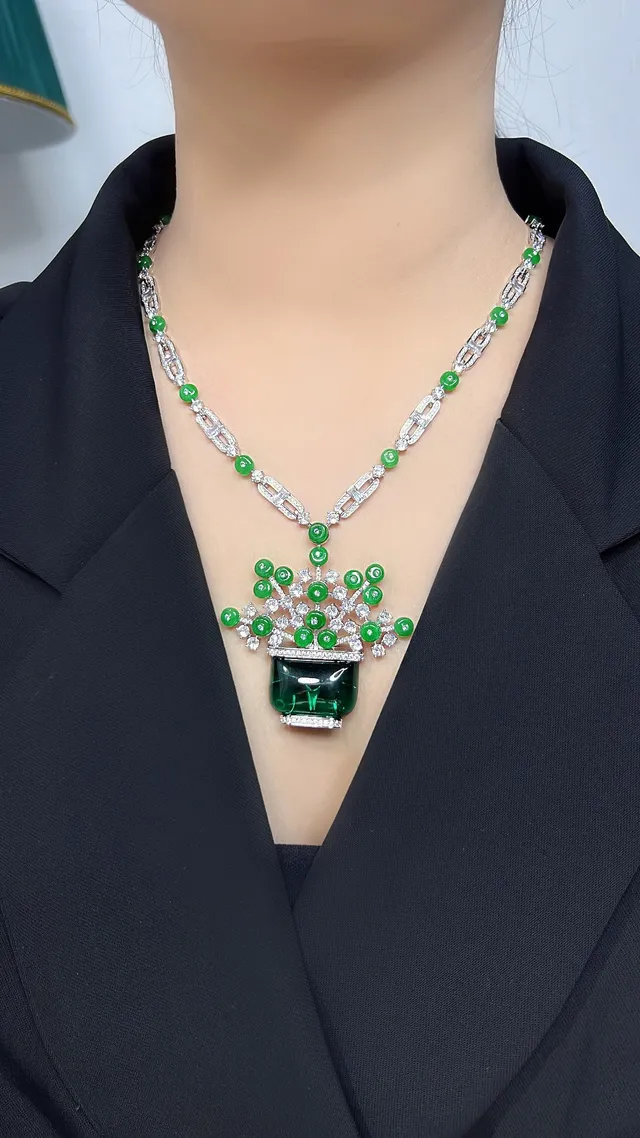 Green Silver Floral-Pot Pendant Cabochon Beads Necklace 5