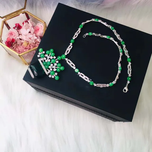 Green Silver Floral-Pot Pendant Cabochon Beads Necklace 6