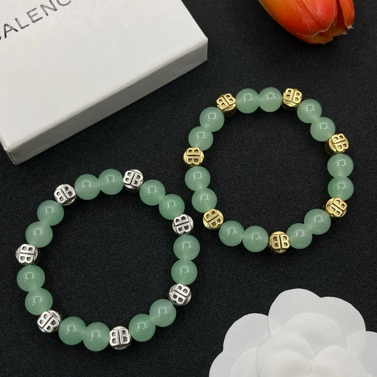 Green Stone and Silver-Tone Beaded Bracelet 2