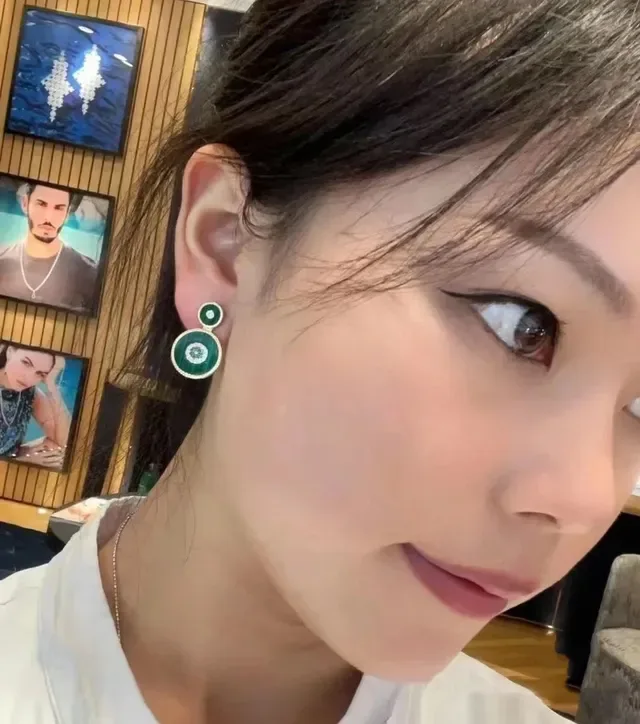 Green Striped Enamel and Crystal Drop Earrings 3