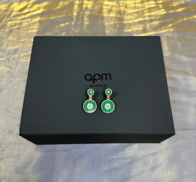 Green Striped Enamel and Crystal Drop Earrings 4