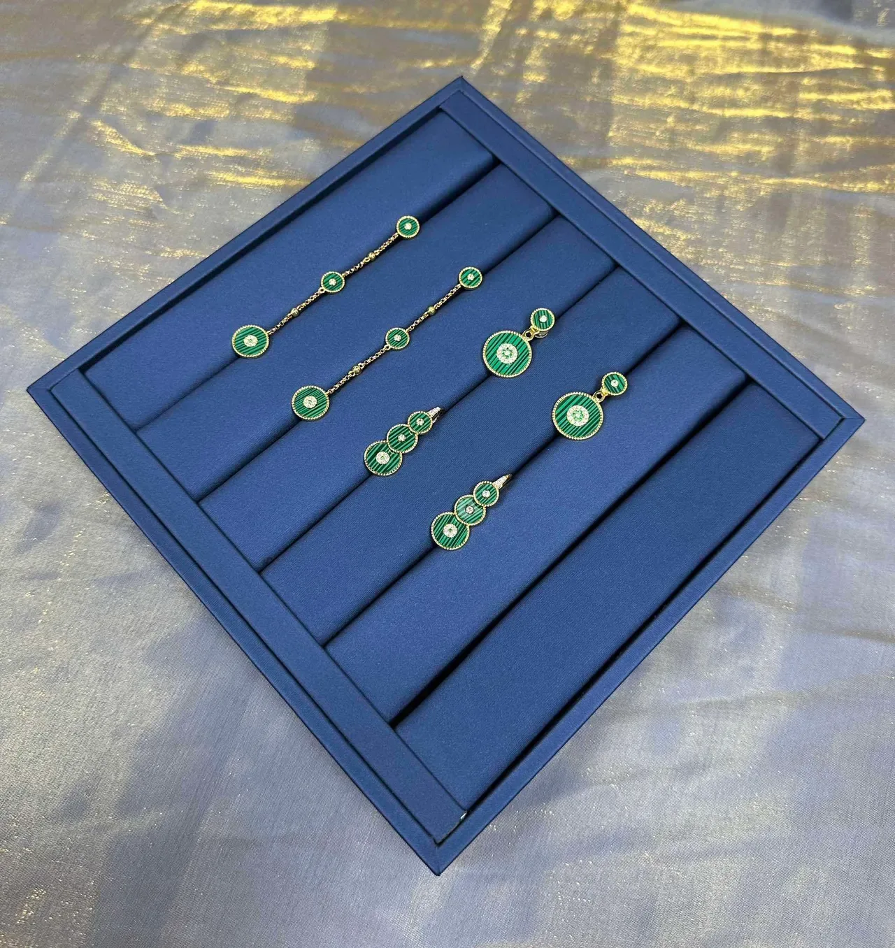 Green Striped Enamel and Crystal Drop Earrings 7