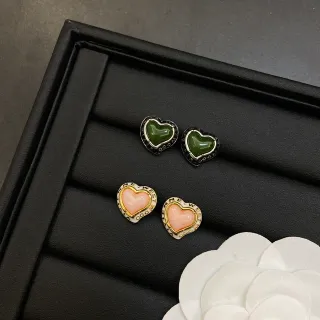 Heart-Shaped Enamel-Bordered Stone Stud Earrings