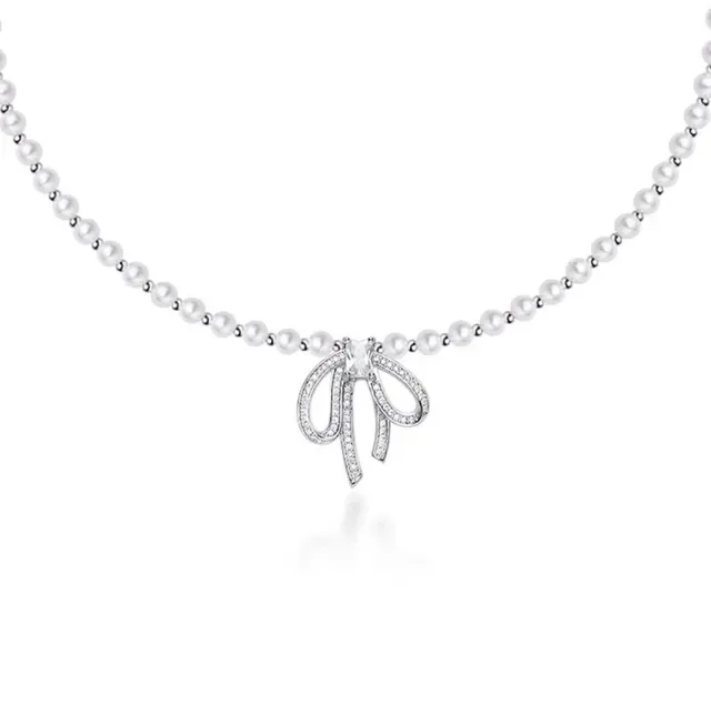 HEFANG Blue Silver Pearl Strand Bow-Shaped Pendant Necklace 2