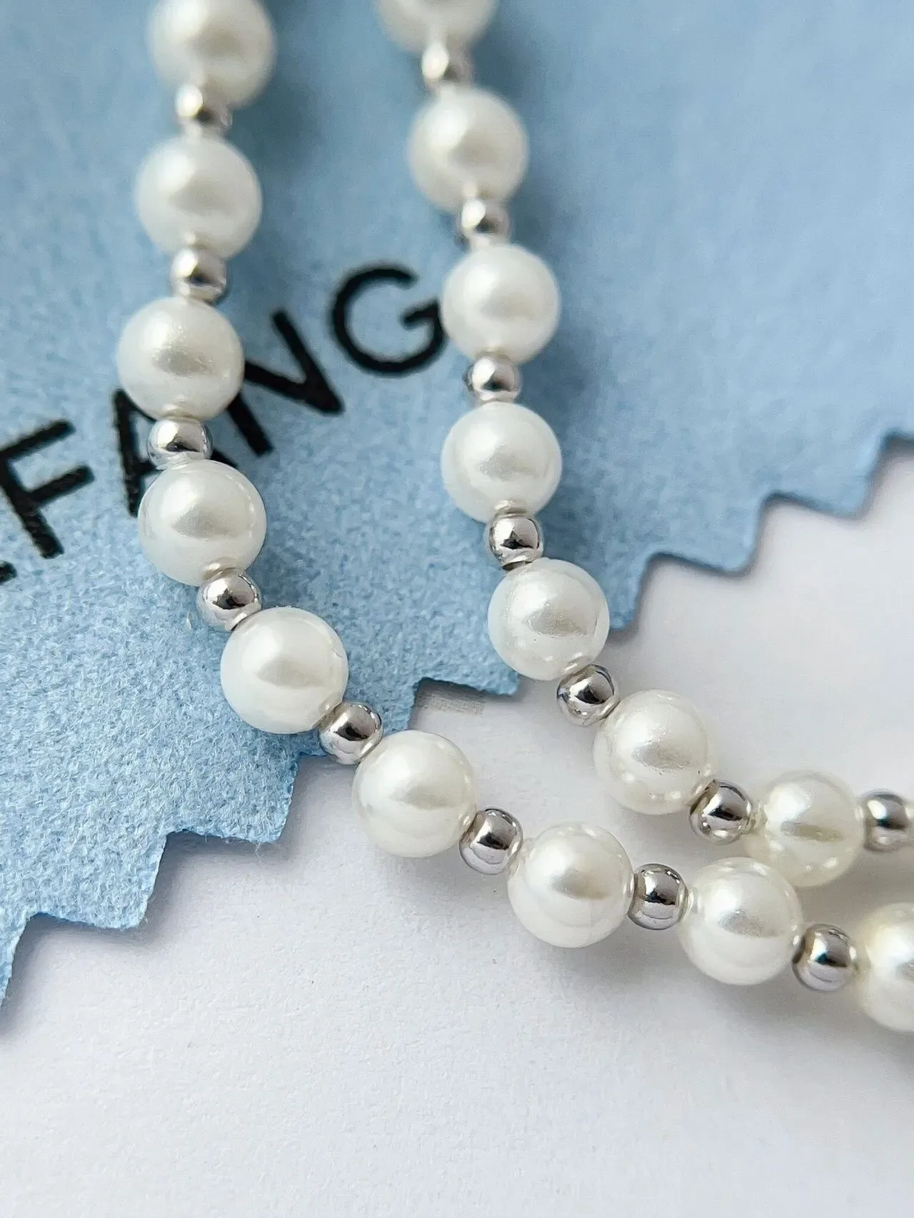 HEFANG Blue Silver Pearl Strand Bow-Shaped Pendant Necklace 4