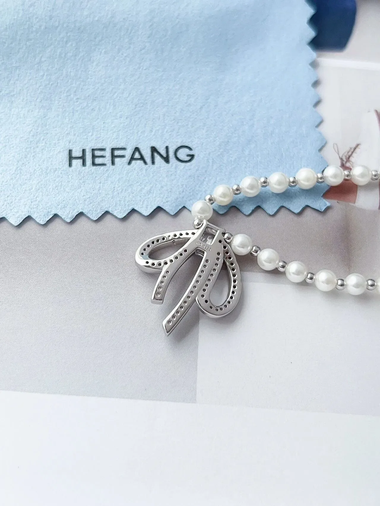 HEFANG Blue Silver Pearl Strand Bow-Shaped Pendant Necklace 5