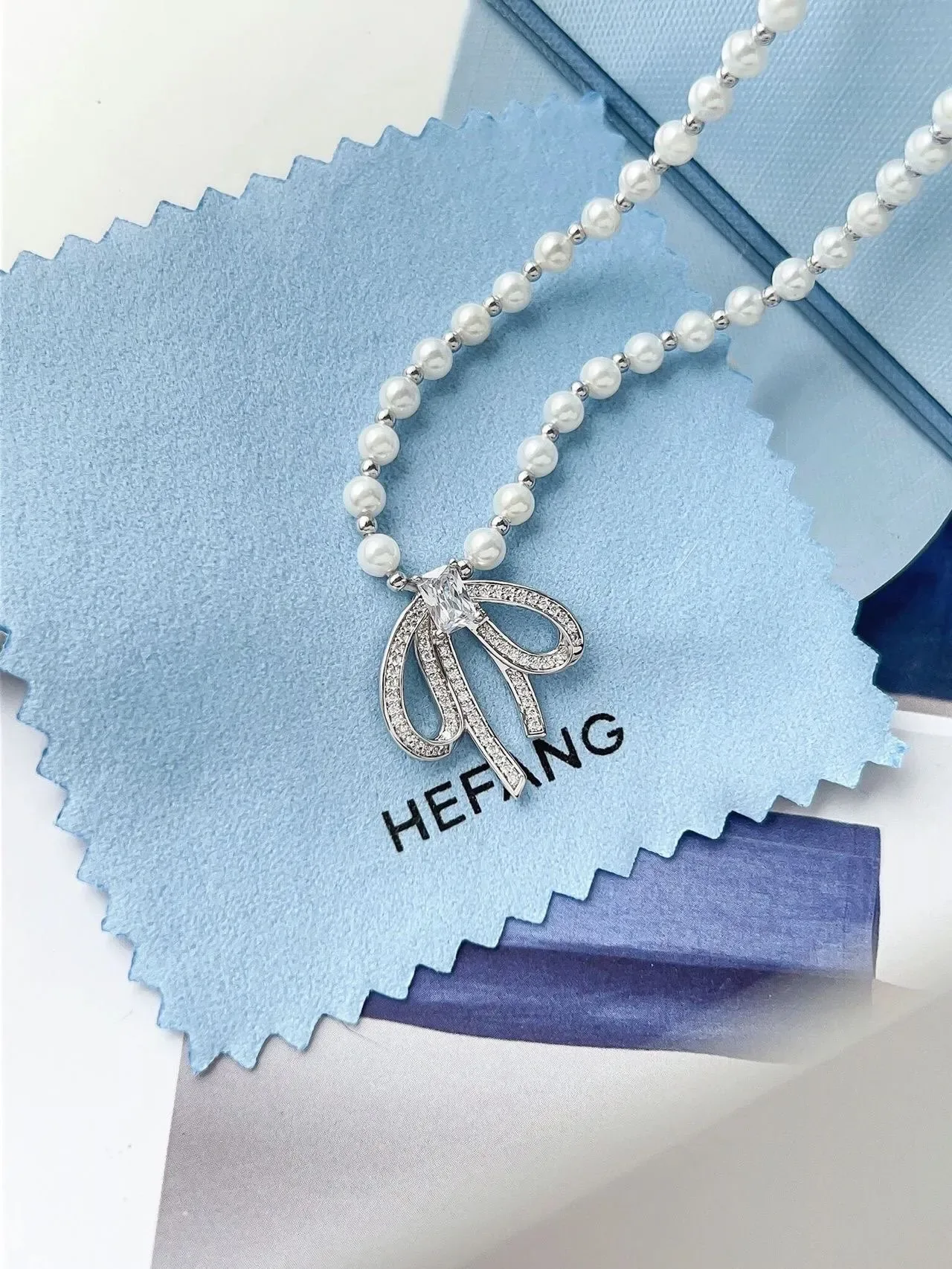 HEFANG Blue Silver Pearl Strand Bow-Shaped Pendant Necklace 9
