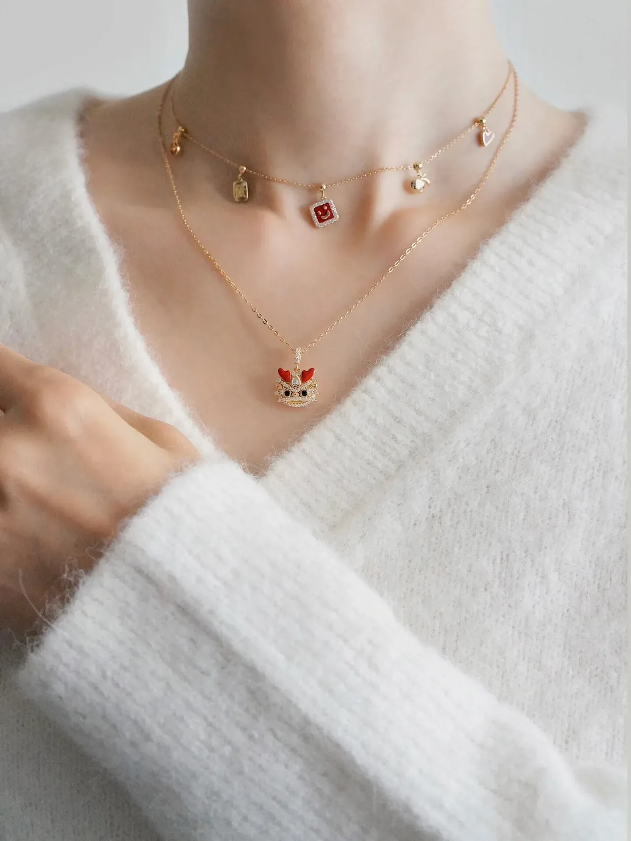 HEFANG Gold-Tone Red Enamel Crystal Figural Pendant Necklace 3