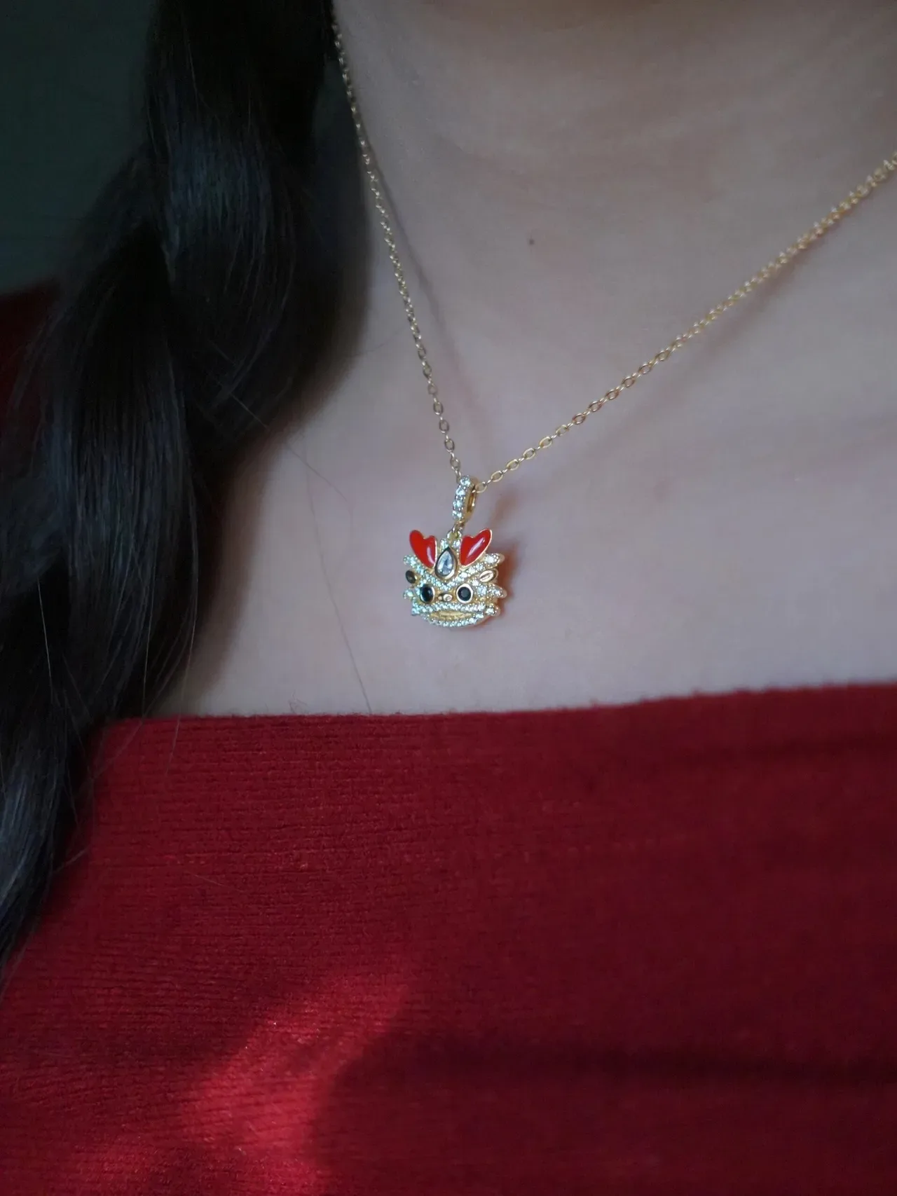 HEFANG Gold-Tone Red Enamel Crystal Figural Pendant Necklace 4