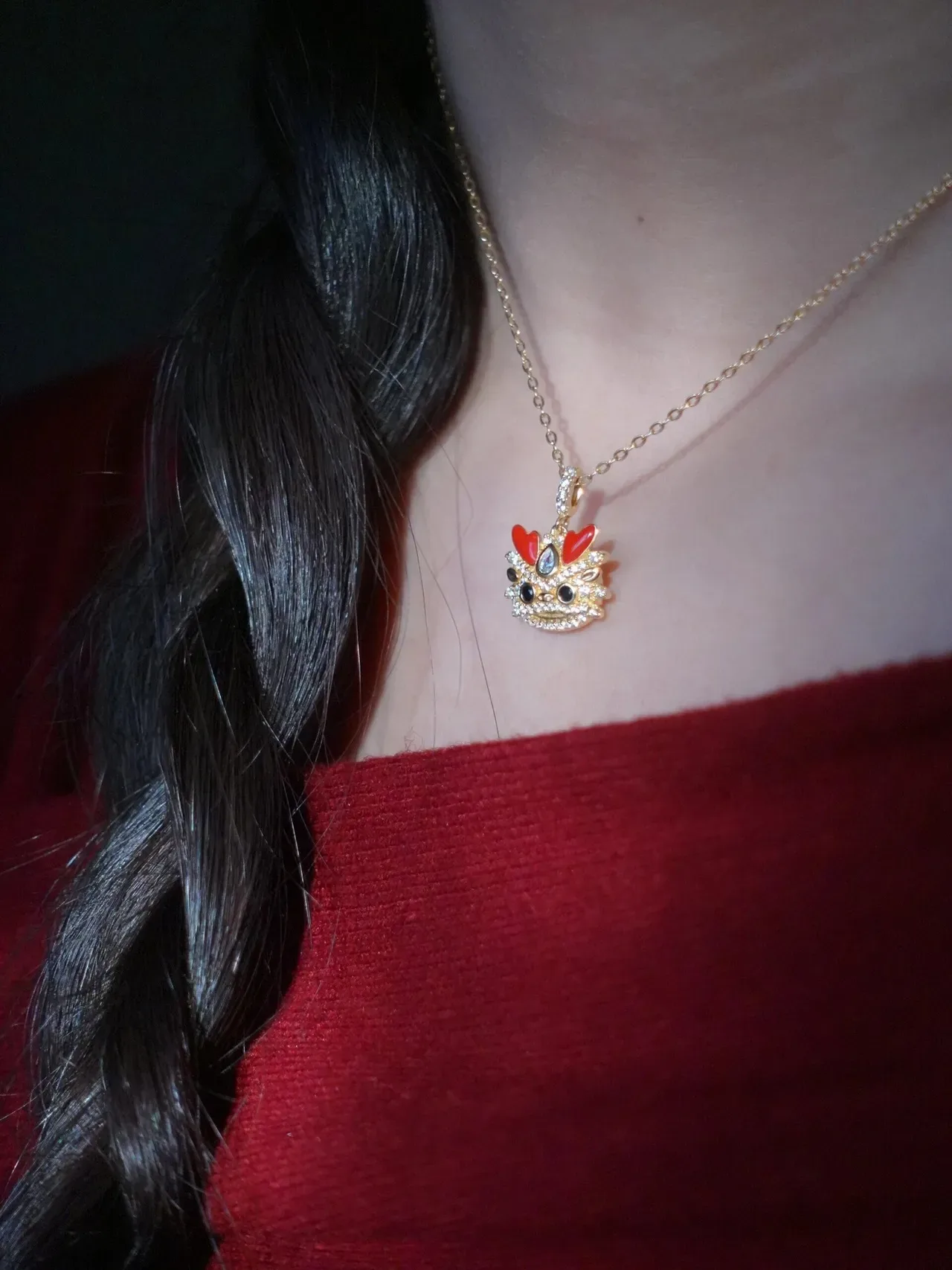 HEFANG Gold-Tone Red Enamel Crystal Figural Pendant Necklace 5