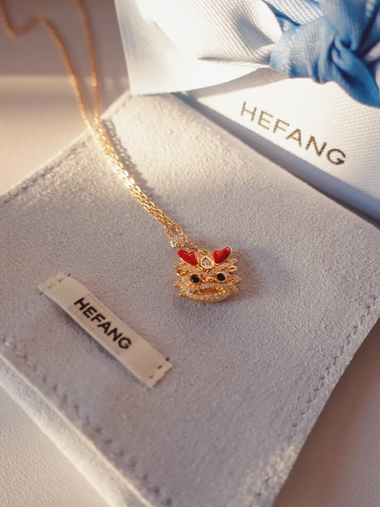 HEFANG Gold-Tone Red Enamel Crystal Figural Pendant Necklace 6