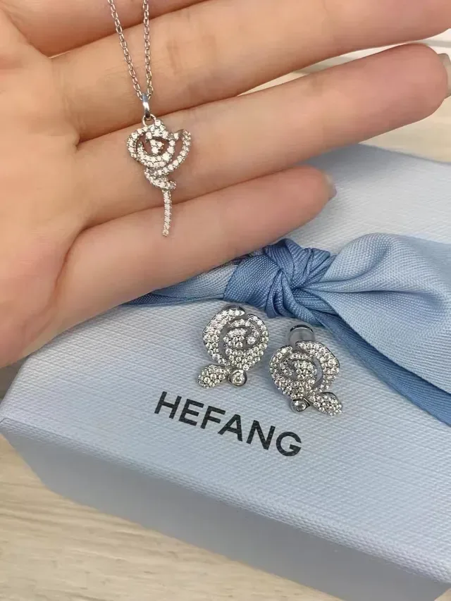 HEFANG Pavé Crystal Rose Pendant Necklace 9