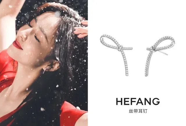 HEFANG Silver Navy Bow-Shaped Pavé-Set Earrings 2