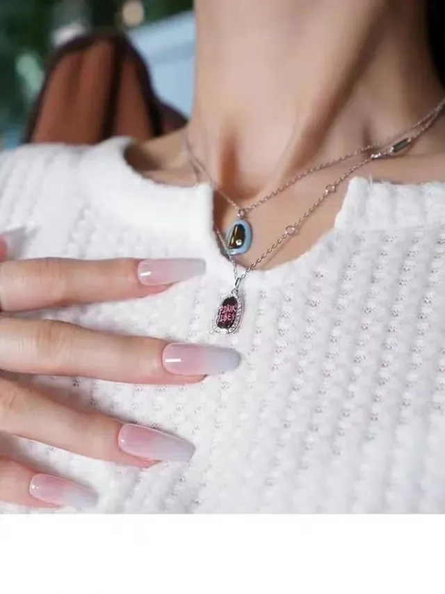 HEFANG Silver Pink Asymmetrical Teardrop Pendants Enamel Detailing Necklace 3