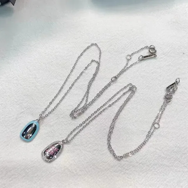 HEFANG Silver Pink Asymmetrical Teardrop Pendants Enamel Detailing Necklace 4