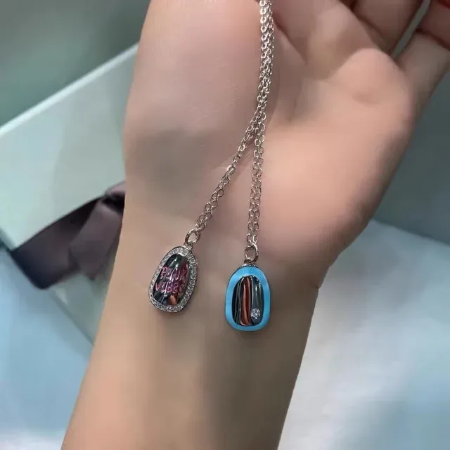 HEFANG Silver Pink Asymmetrical Teardrop Pendants Enamel Detailing Necklace 6