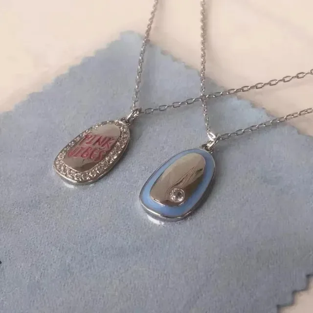 HEFANG Silver Pink Asymmetrical Teardrop Pendants Enamel Detailing Necklace 7