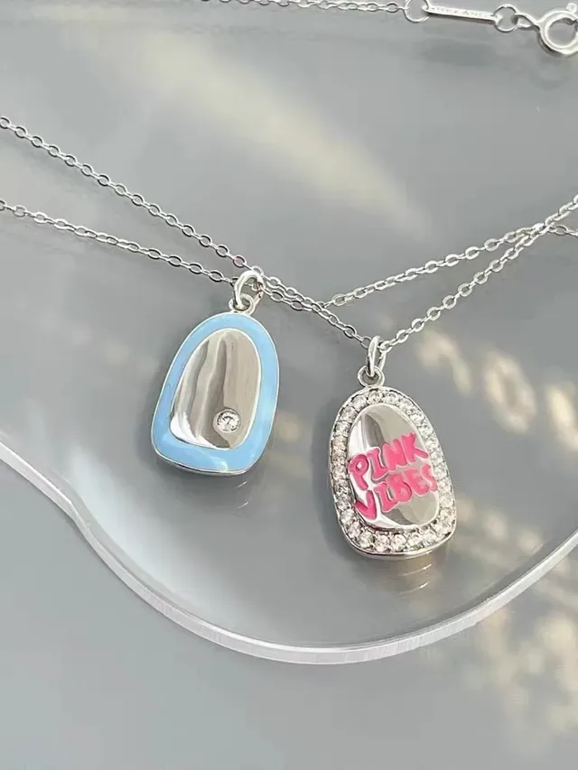 HEFANG Silver Pink Asymmetrical Teardrop Pendants Enamel Detailing Necklace 9