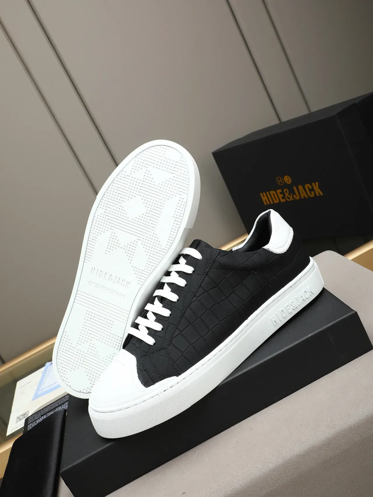 HIDE&JACK Croc-Embossed Black and White Lifestyle Sneaker 4