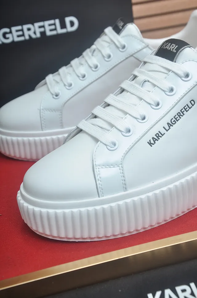Karl Lagerfeld White Black Leather-Like Upper Ribbed Platform Sole Sneakers 2