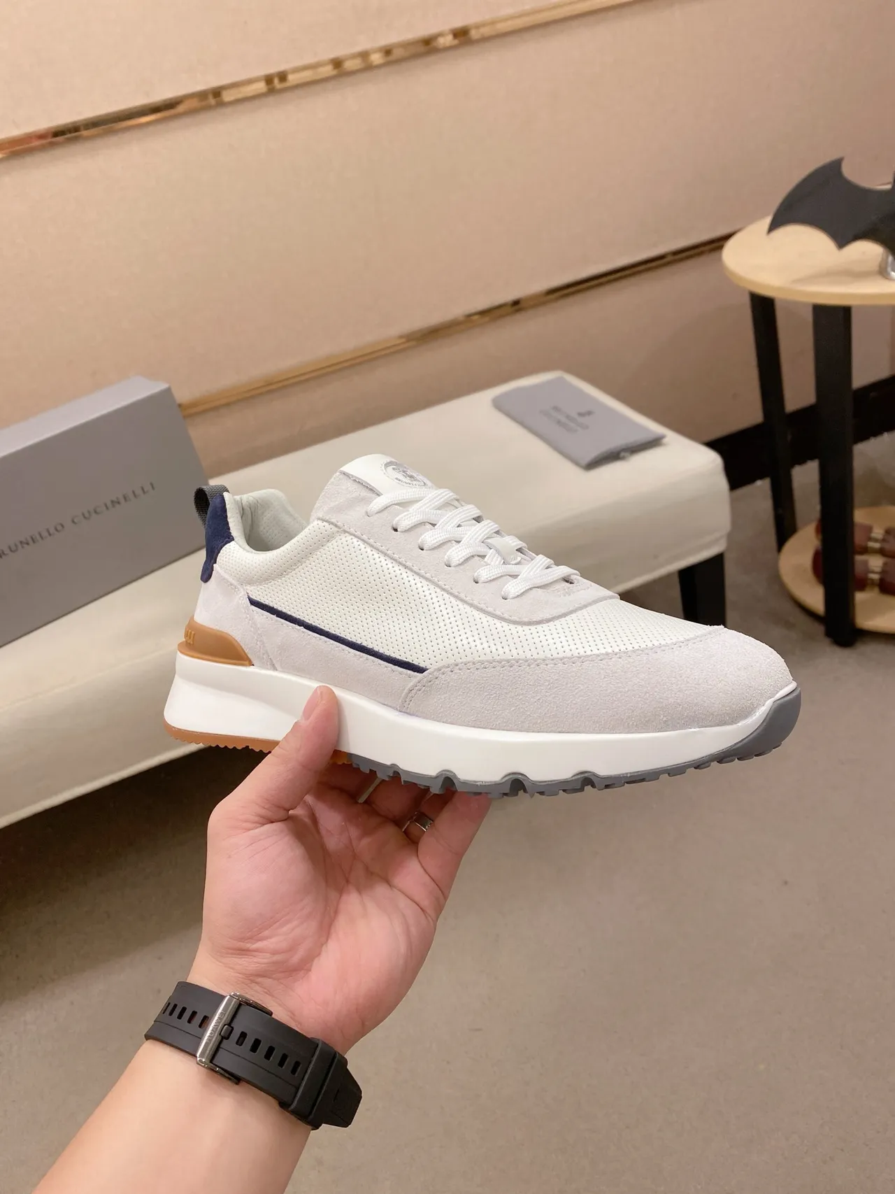 Light Gray Perforated Mesh and Suede Lifestyle Sneaker 4
